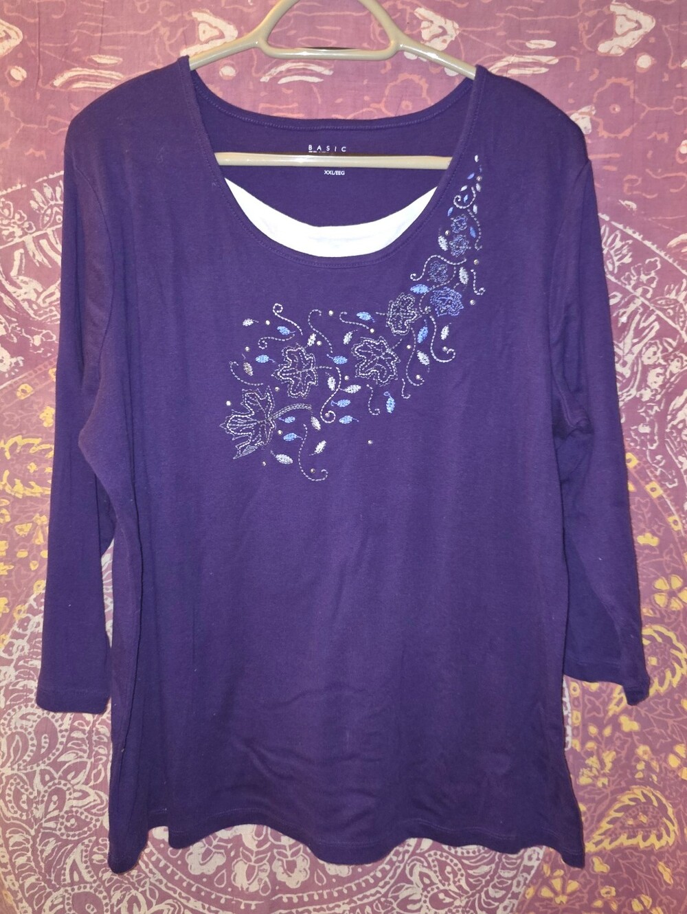 Basic Editions Womans Embelished Top 1x/ Purple White